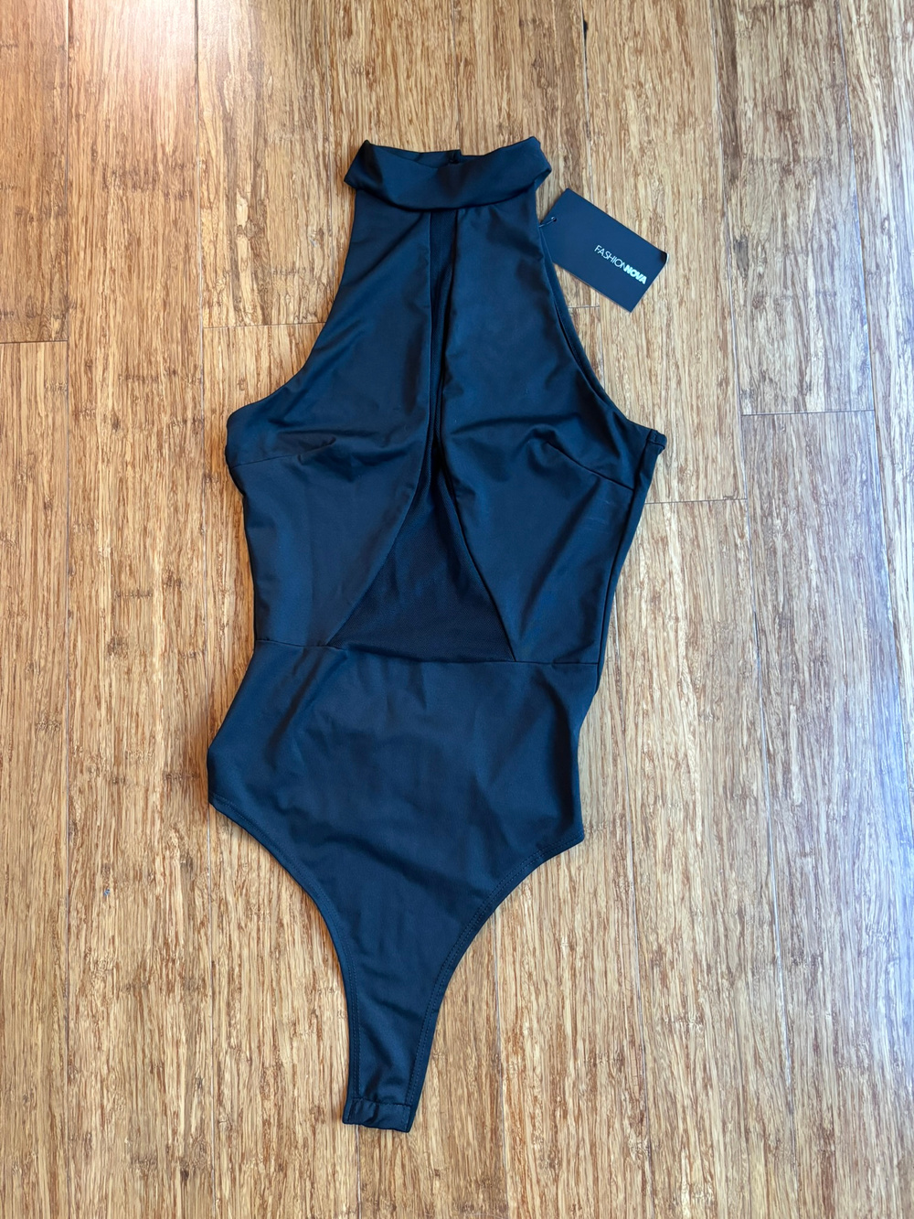 Fashion Nova Black High Neck Mesh Cutout Bodysuit Size S